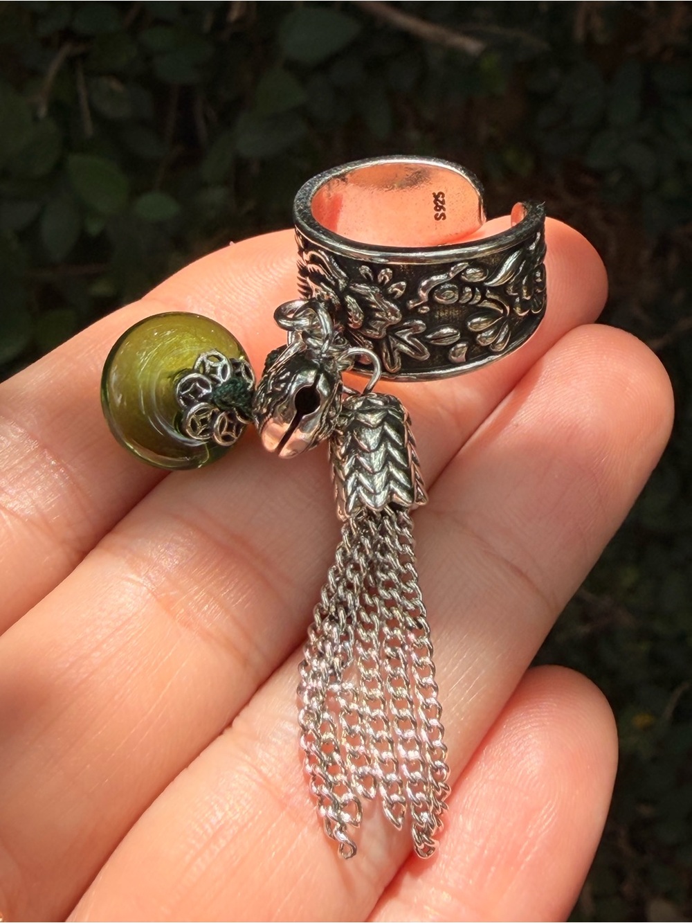 Green Stone Tassel Charm Silver Ring - Picture 11 of 15